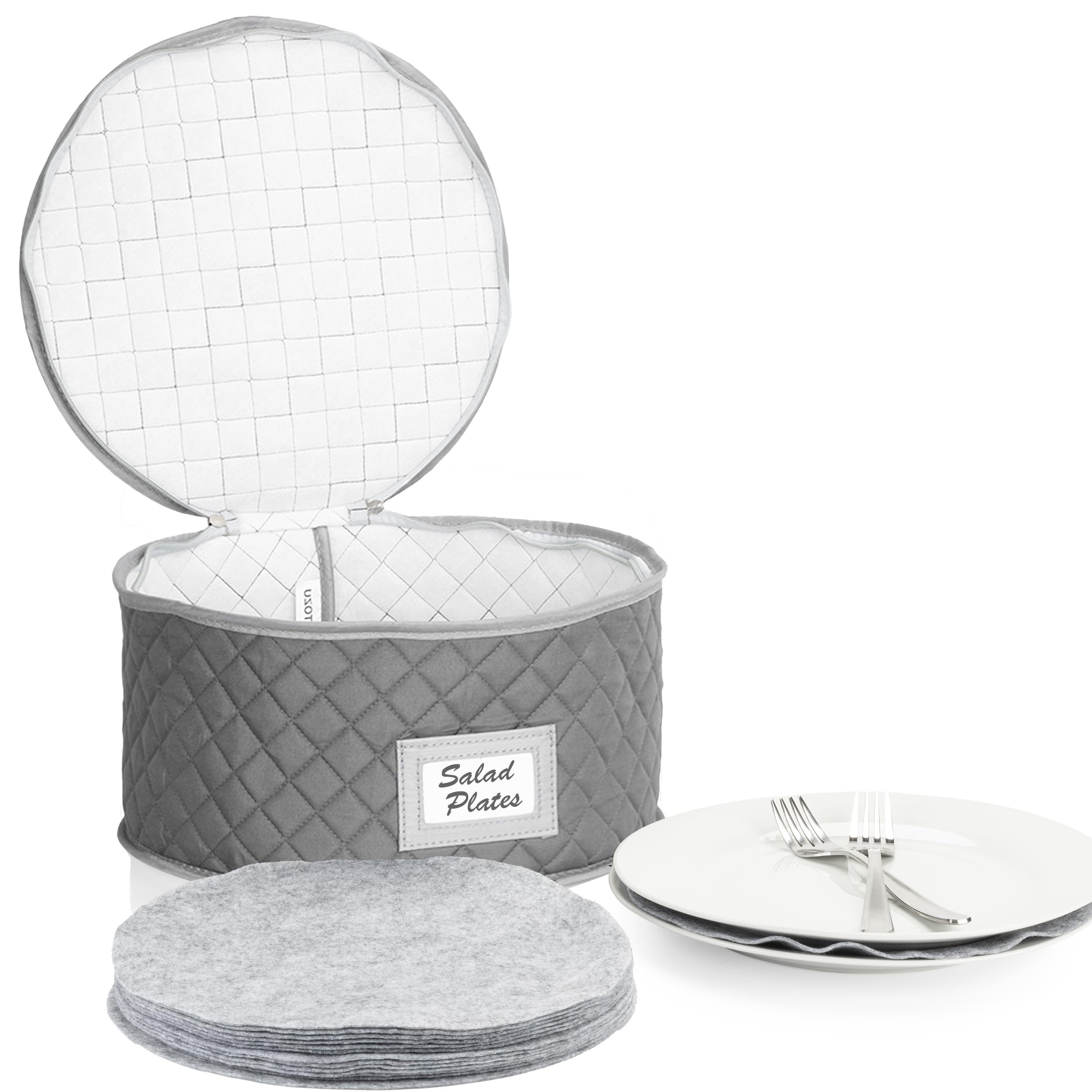 Stack Store Plus More China Storage Case - Salad Plate Quilted Case - 10 inches Diameter x 6 inches Height - Gray - Includes 12 Felt Separators