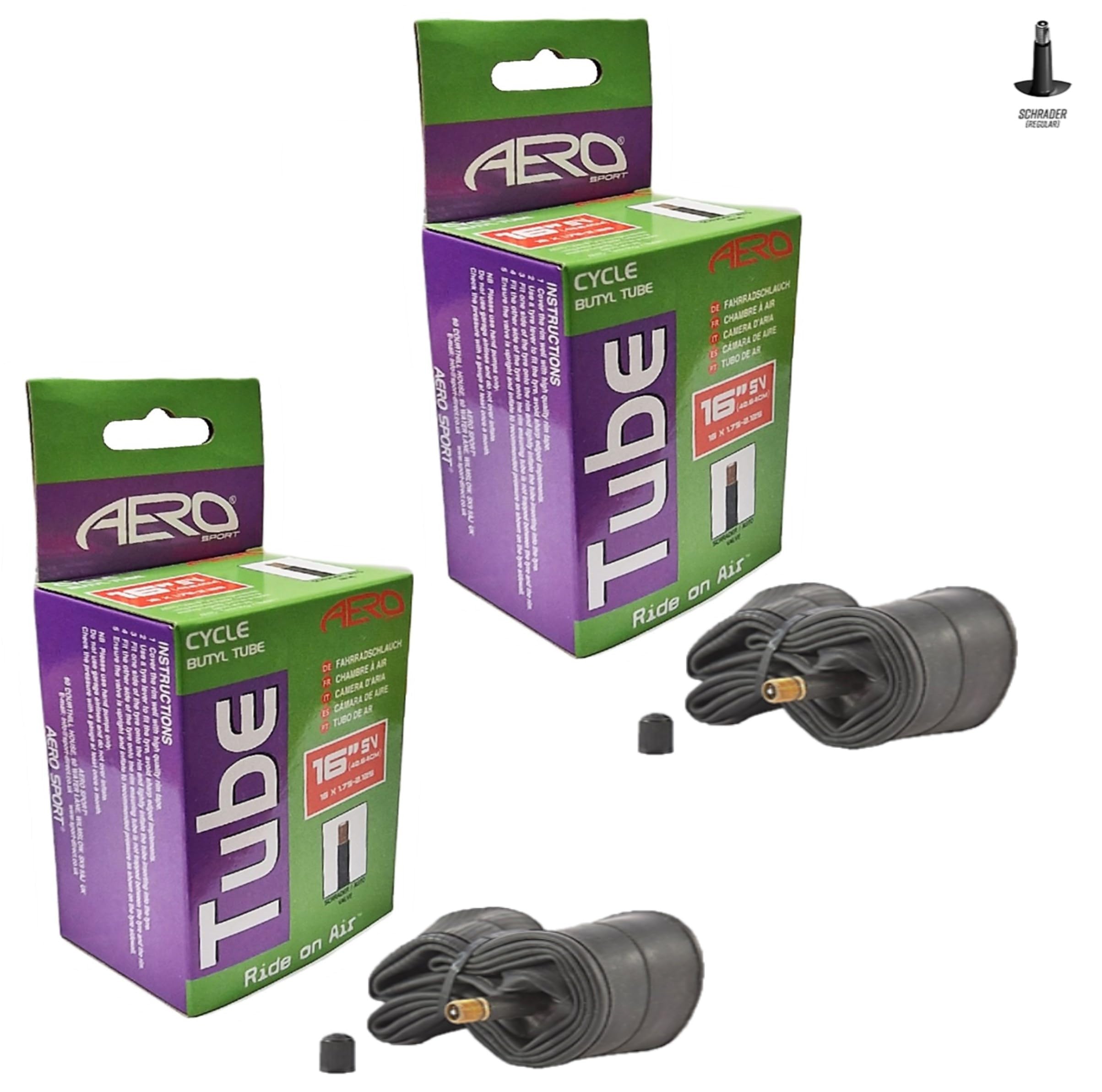 2 x Aero Sport Bike/E-Bike Butyl Rubber Inner Tubes to fit 16" x 1.75-2.125 with Schrader Valves