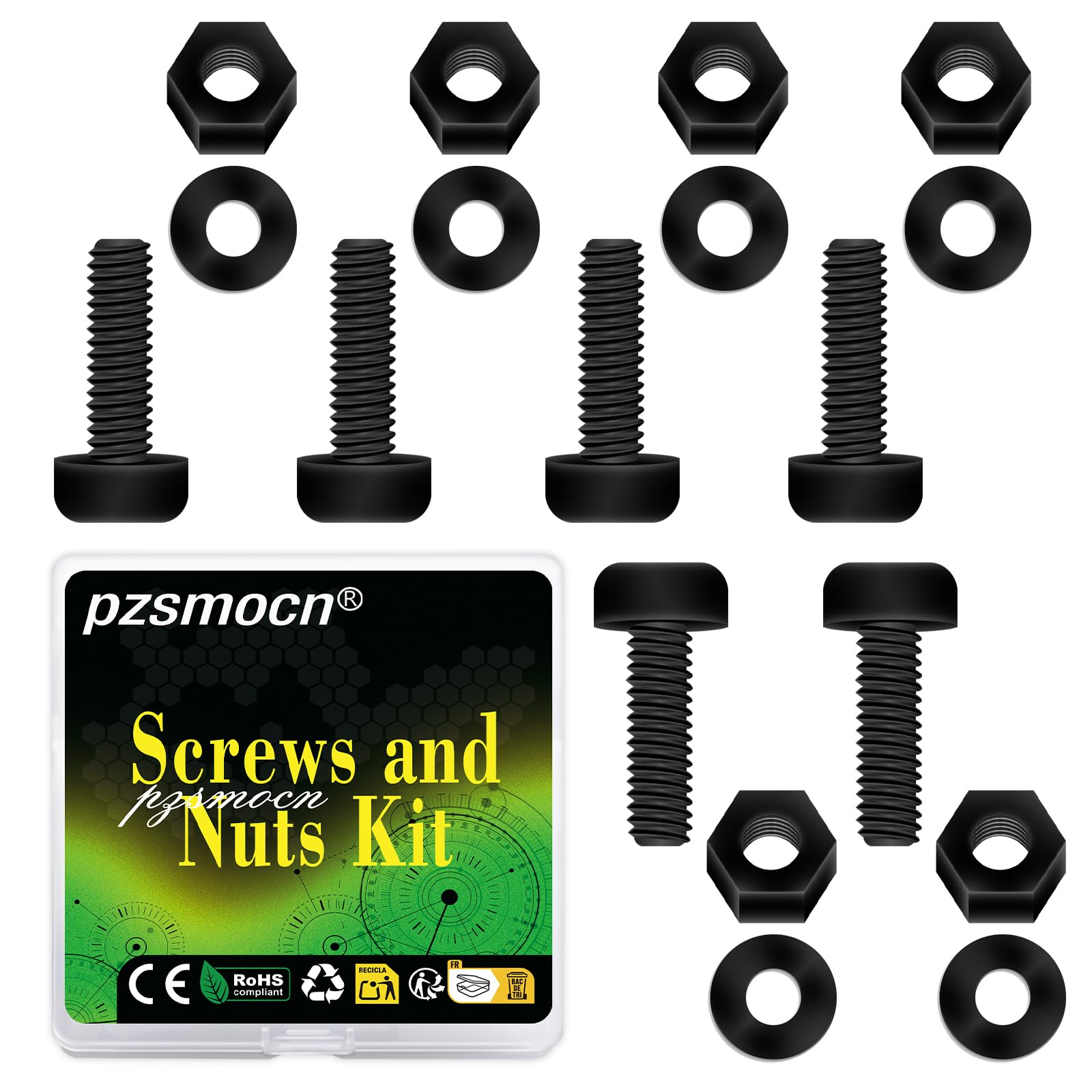 Pzsmocn 300 Pieces/100 Sets M2*12 mm Plastic Black Nylon Cross Round Head Screw Hexagonal Nut Combination Kit, with Insulating Washers, Standard Size, For DIY and Electronic Assembly. — image 1