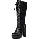 BEAUPAS Women's Lace Knee High Platform Boots Chunky Block Heel Gothic Lace-Up Combat Boots