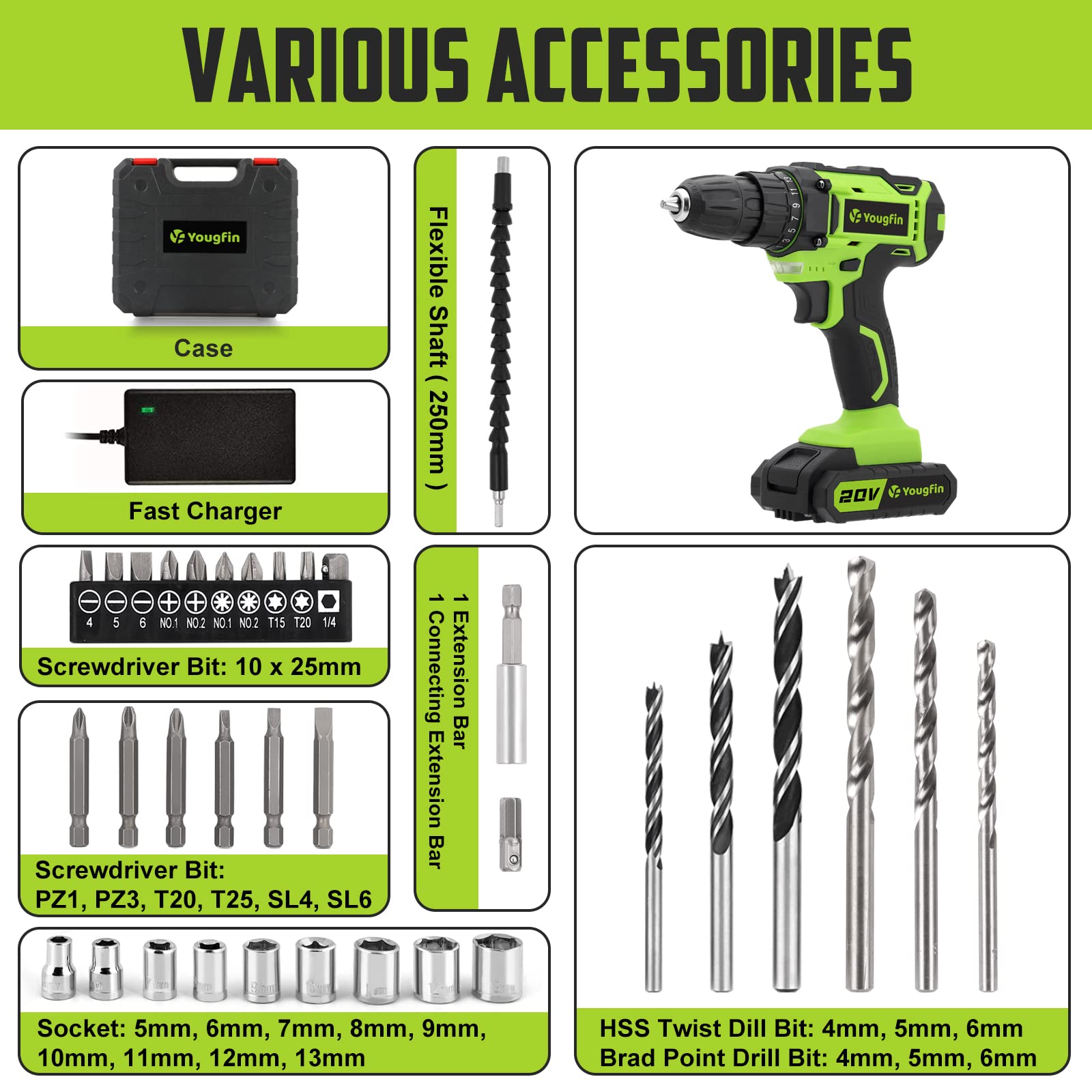 Cordless Drill, 20V Power Drill Yougfin Taladro Inalámbrico 3/8” Keyless Chuck Set with Battery and Charger Power Tool for Home Improvement with 25+1 Torque Variable Speed