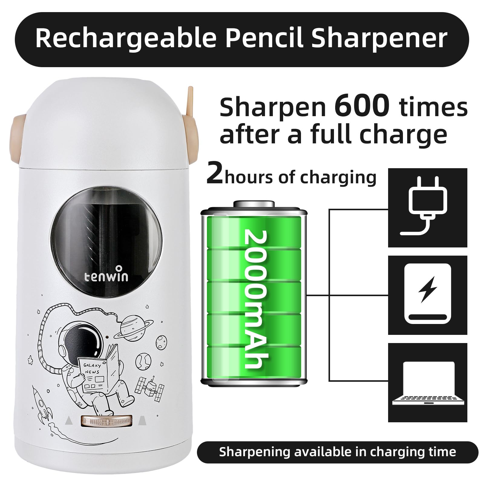 Rechargeable Electric Pencil Sharpener, Fully Automatic Pencil Sharpener for 7-11.5mm Pencils, Hands-Free Sharpener for Colored Pencils, Auto in&Out, Adjustable Pencil Nibs (Silver)