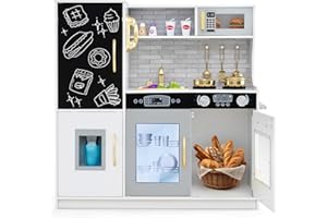 Costzon Kids Kitchen Playset, Wooden Toddler Kitchen Toy Set w/Blackboard, Telephone, Microwave, Ice Maker, Dishwasher & Oven