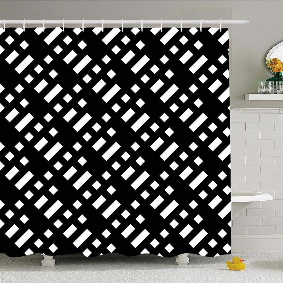 DANGCCI Shower Curtain Set with Hooks 60x72 Inches Angle White Diagonal Streak Dotted Dashed Lines Abstract Black Linear Blocks Code Dashes Diamonds Bathroom Waterproof Polyester Fabric Bath Decor