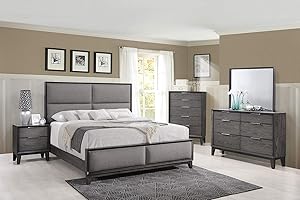 Kings Brand Furniture – Sheldon 6-Piece Queen Size Gray Bedroom Set. Bed, Dresser, Mirror, Chest & 2 Nightstands