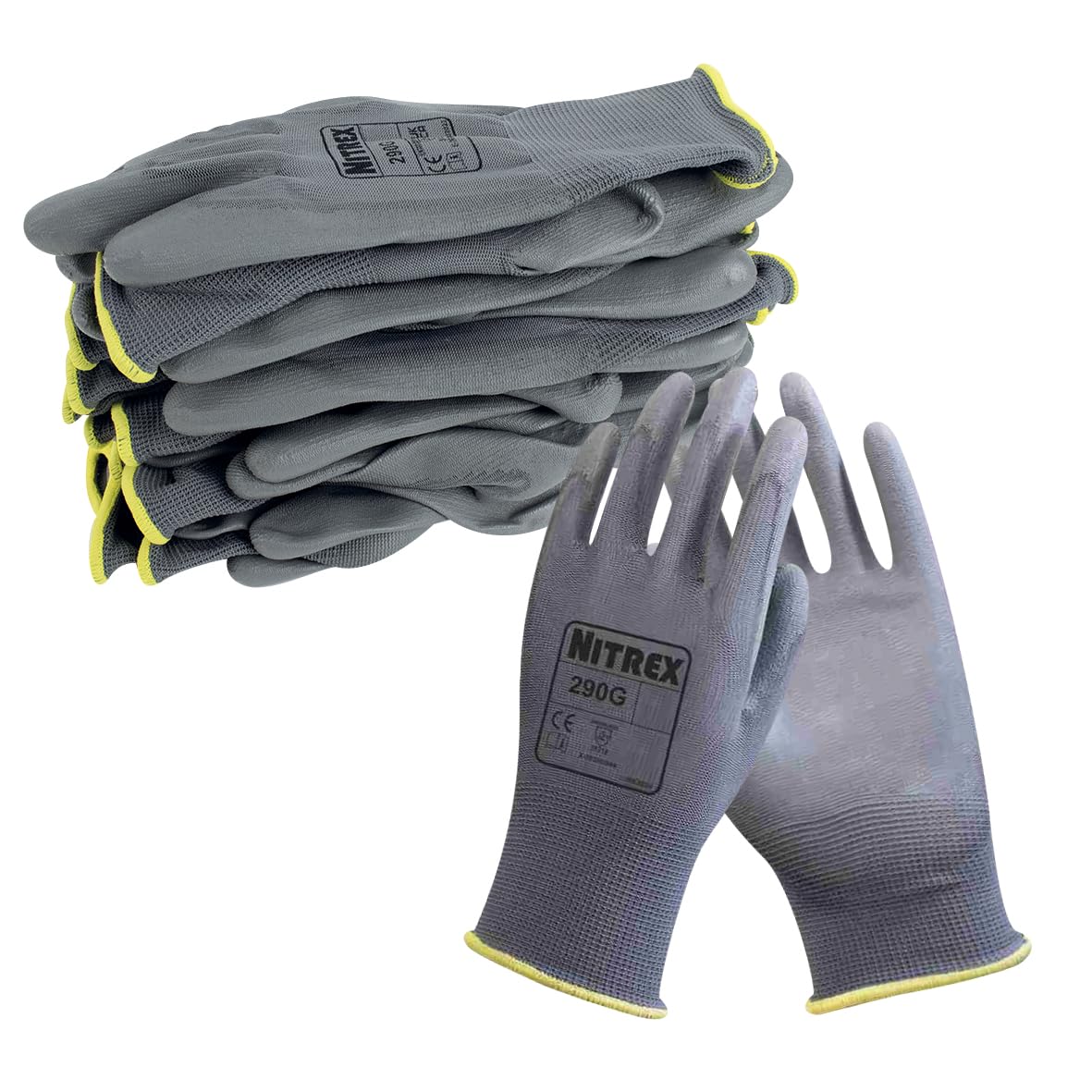 NITREX 290G Work and Safety Gloves, 10 Pairs of Black General Handling Gloves with PU Palm Coating, Size 8, Medium