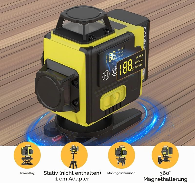 Kreuzlinienlaser 16-Linien, 4x360 Grad Grün Selbstnivellierend Laser Wasserwaage mit 2xBatterien 4D-Laser Baulaser linienlaser kreuzlaser mit 16 Linien/Fernbedienung/IP54 Wasser (Ohne Ständer)