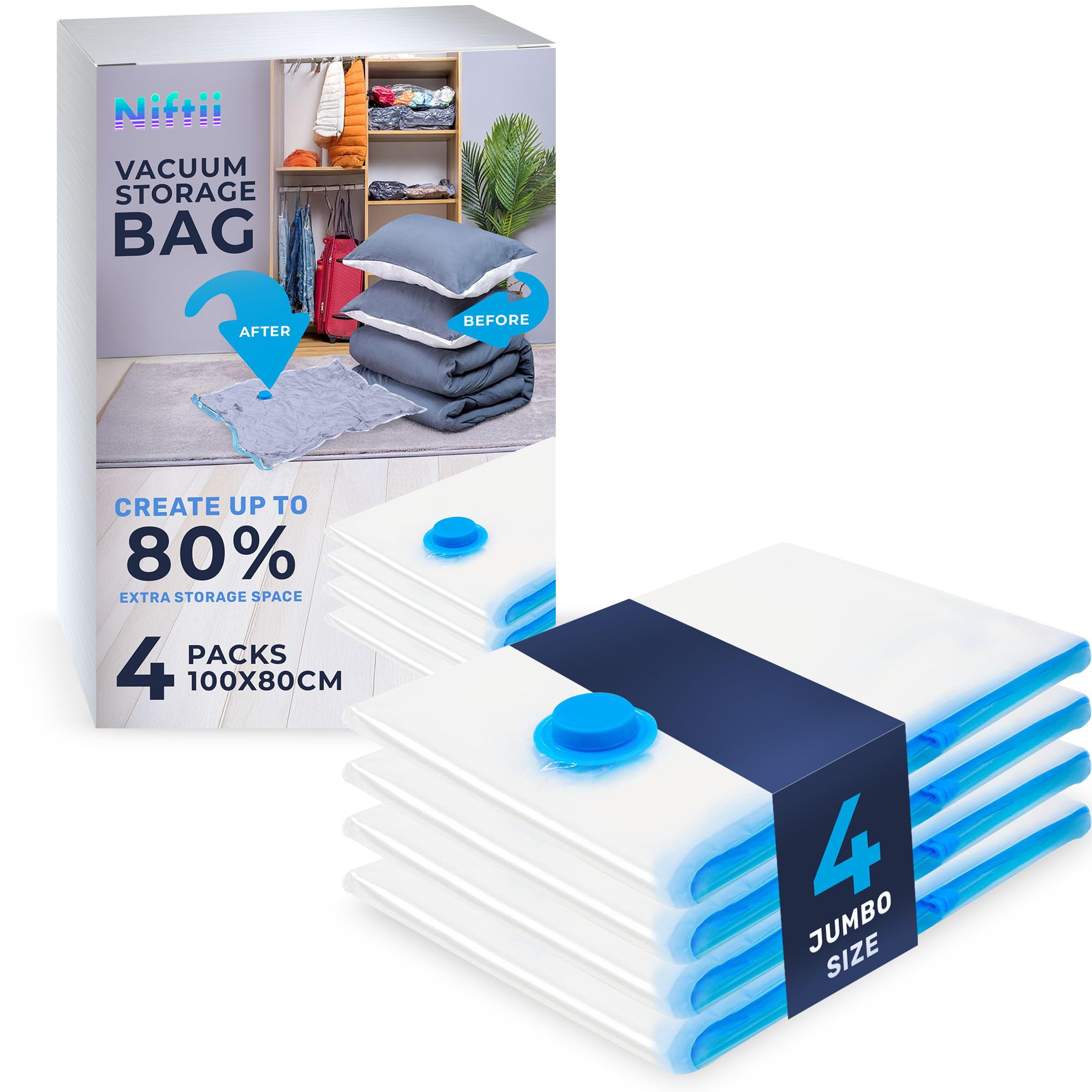 NIFTII Vacuum Storage Bags 4 Pack, 100x80cm - Space Saver for Clothes, 80% More Storage with Airtight, Waterproof, Double-Zip Seal, Durable Packing Bags for Duvets, Bedding & Travel