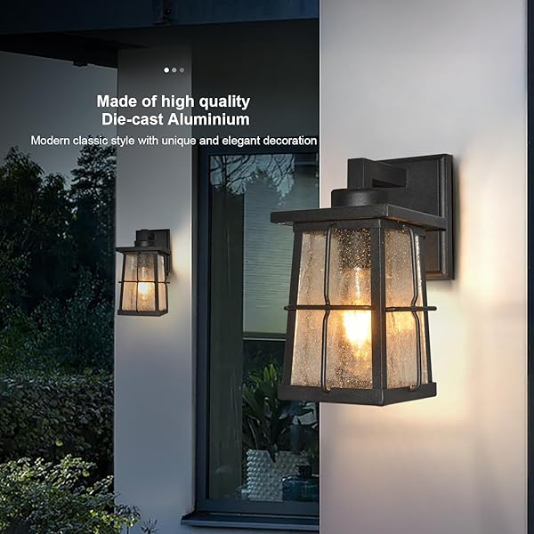 ALVIME OUTSIDE WALL LIGHTS, 10 INCH EXTERIOR FRONT PORCH LIGHT FIXTURES, WATERPROOF OUTDOOR WALL LANTERN FOR HOUSE FRONT DOOR, ENTRYWAY, GARAGE, PATIO, E26 BASE&CLEAR SEEDY GLASS