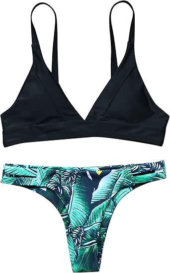 Amazon.com: MOOSLOVER Women's Padded Brazilian Bikini Set Green Leaf Print Cheeky Bottom 2Pcs 