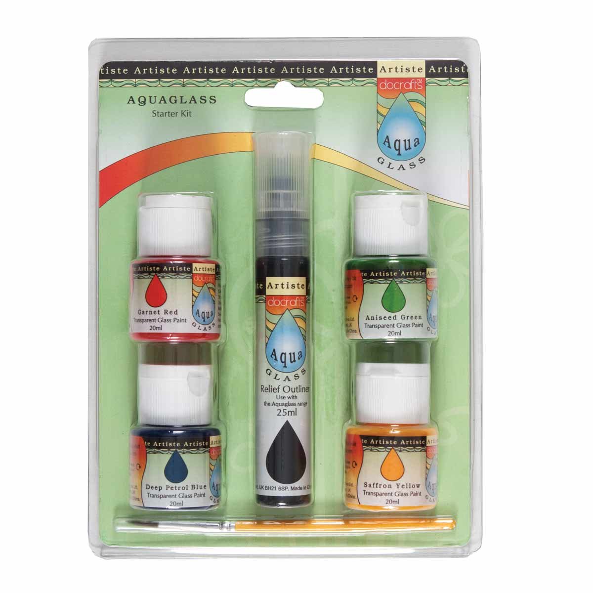 Artiste Glass Paint, Relief Outliner Starter Set, 4 Paints, 1 Outliner Water Based Paints, For Painting On Glass, Perspex, Acetate, Gentle Translucent Finish, Wipe Clean When Wet, Water Proof Once Dry