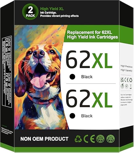 Lot De 2 Cartouches Encre Noire 62XXL Compatibles HP 62 XL – Pour Envy 5540, 7640, OfficeJet 5740, Etc.