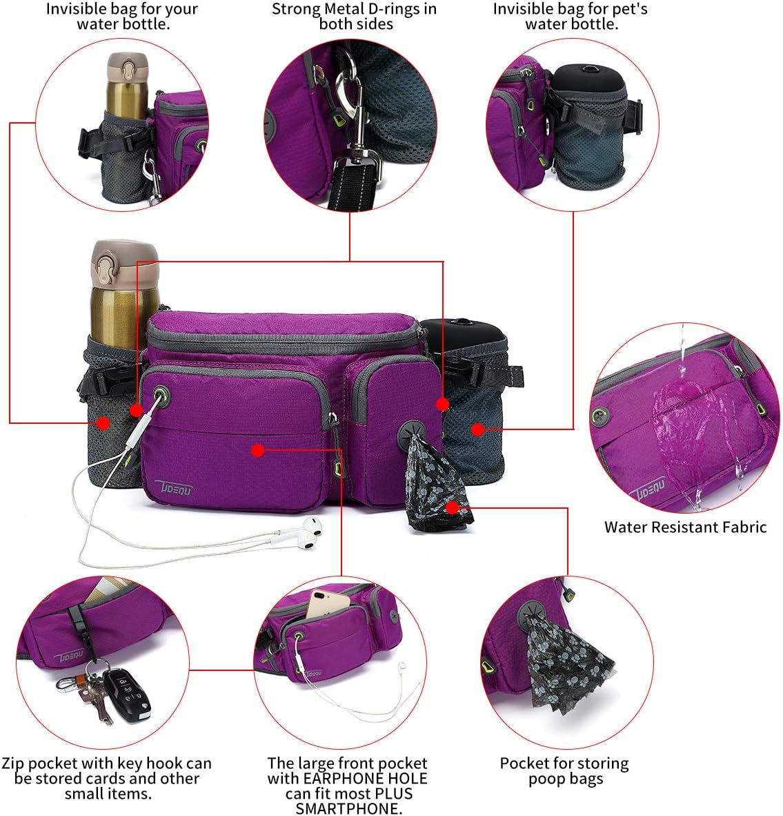 TUDEQU 4-IN-1 Hands Free Dog Zero Shock Absorbing Bungee Leash with a Multifunctional Waist Bag - Image 3