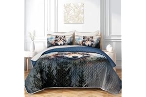 AILONEN Wolf Quilt Bedding Sets Twin Size, Boys Safari Wolf Quilt Set Printed - 3 Pieces,Timberwolves Bedspread Coverlet Set Soft Microfiber Quilt & 2 Pillowcases