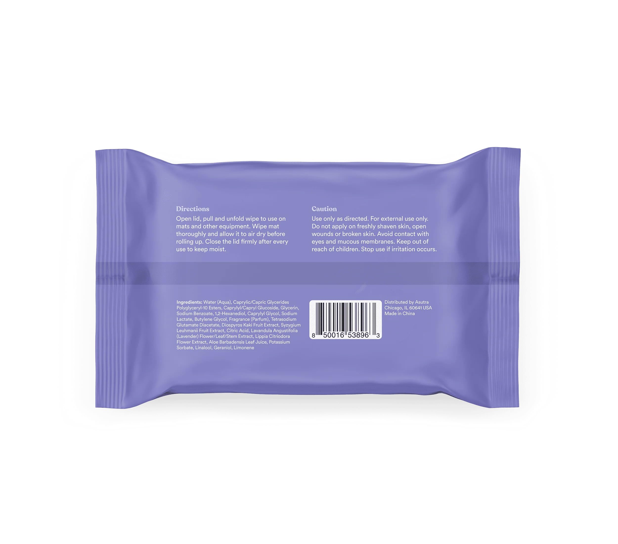 ASUTRA Yoga Mat Cleaning Wipes (Lovely Lavender), 1 Pouch (30 Wipes) - No Slippery Residue, Deep-Cleansing for Fitness Gear & Gym Equipment