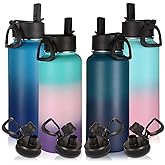 Volhoply 32 oz Water Bottles Bulk 4 Pack with Straw Lid & Spout Lid,Insulated Sports Water Bottle,Double Wall Vacuum Stainless Steel Cups,Leakproof Wide Mouth Metal Flask for Travel(Assorted,4)