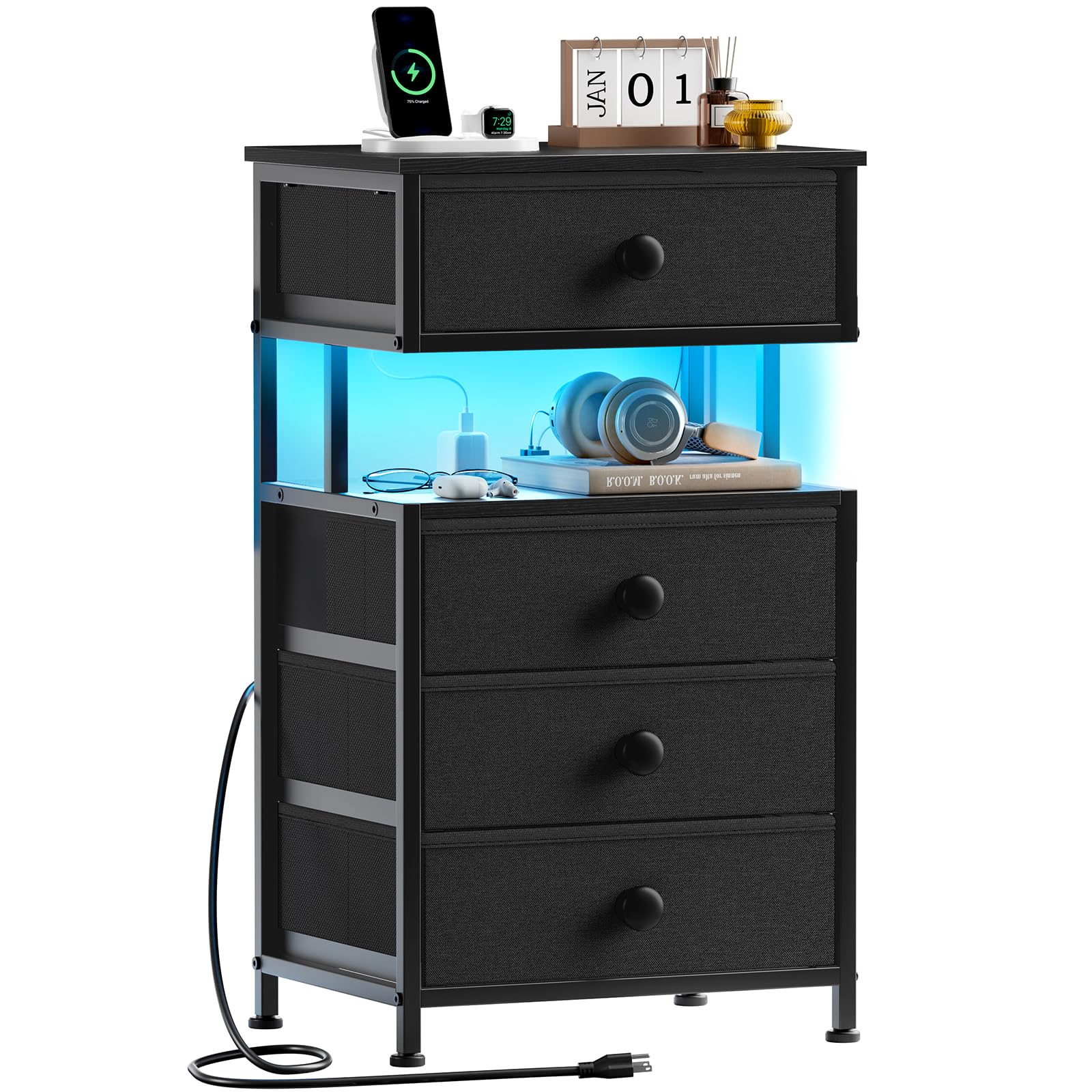 Photo 1 of REAHOME Night Stand with Charging Station and LED Light, 4 Fabric Drawers Black Bedside Table with Open Shelf, Modern End Table with Wooden Top for Bedroom, Living Room, Hallway - Black Gery