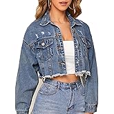 ZHANCHTONG Women's Cropped Denim Jacket Long Sleeve Button Down Basic Classic Jean Jacket