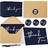 NESCCI 100 PCS Thank You Cards With Envelopes and Stickers,Classy 4x6 Blank Thank You Cards,Thank YouNotes for Wedding, Small Business, Baby & Bridal Shower (Navy Blue)