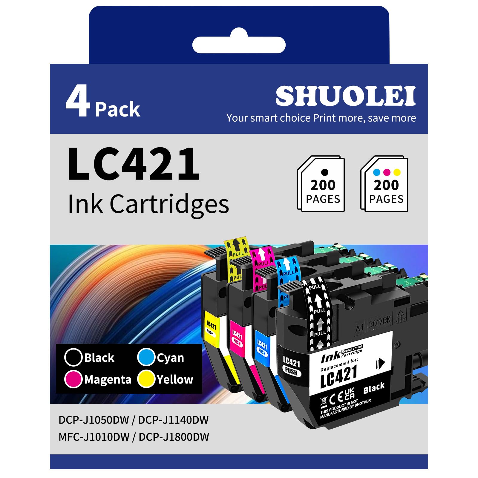 SHUOLEI LC421 Ink Cartridges Compatible with Brother LC421 LC-421 XL Inkjet Cartridges Multi-Pack Standard Yield, for DCP-J1050DW DCP-J1140DW MFC-J1010DW DCP-J1800DW(4 Pack, Black Cyan Magenta Yellow)