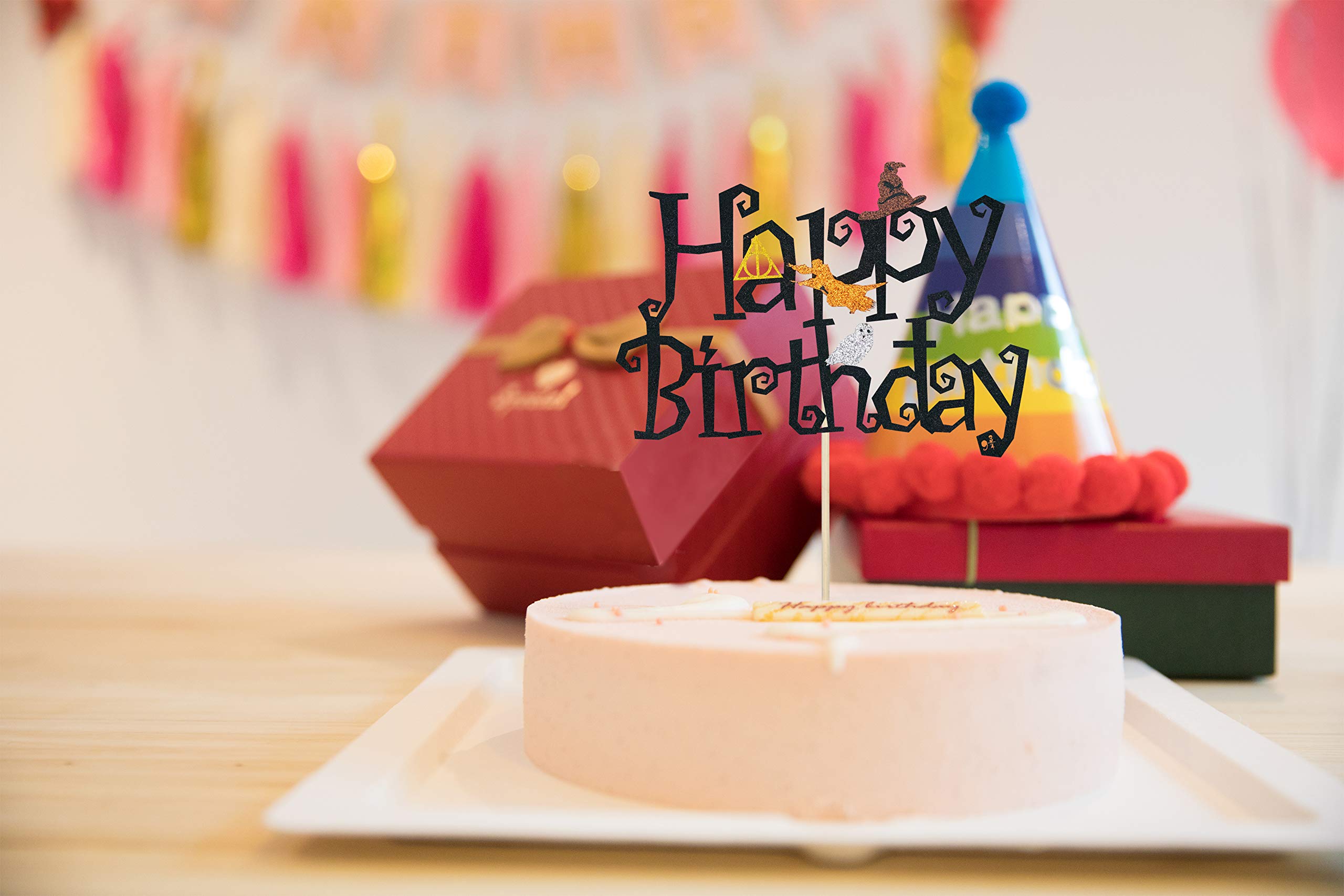 KAPOKKU Double Sided Glitter Black Wizard Happy Birthday Cake Topper Harry Potter Wizard Theme Party Supplies (harry potter cake topper)