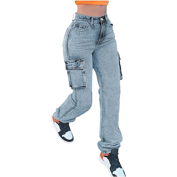 Women's Distressed Ripped Cargo Jeans High Waisted Straight