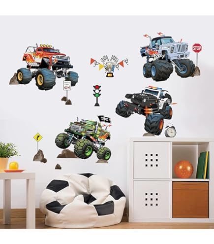 Stickers Muraux Voiture Course DECOWALL - Décoration Chambre Garçon Peel And Stick Camion Sports