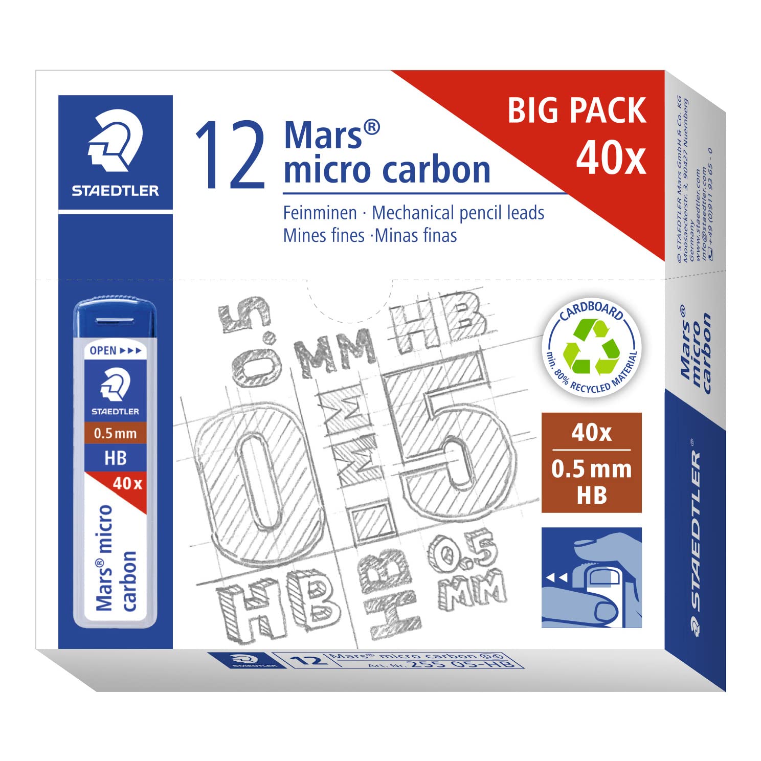 STAEDTLER 255 05-HB Mars Micro Refill Leads for Mechanical Pencils - HB, 0.5mm (Box of 12 x Tubes of 40 Leads)