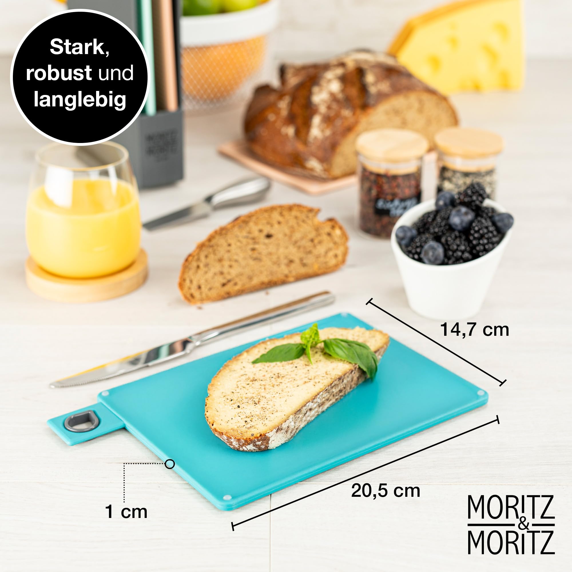 Moritz & Moritz 4x Frühstücksbrettchen mit Ständer 20,5 x 14,5 cm - Spülmaschinenfest - Schneidebrett Kunststoff Set mit Ständer - Brettchen mit Ständer - Frühstücksbrettchen Bunt - Brettchen Set 2