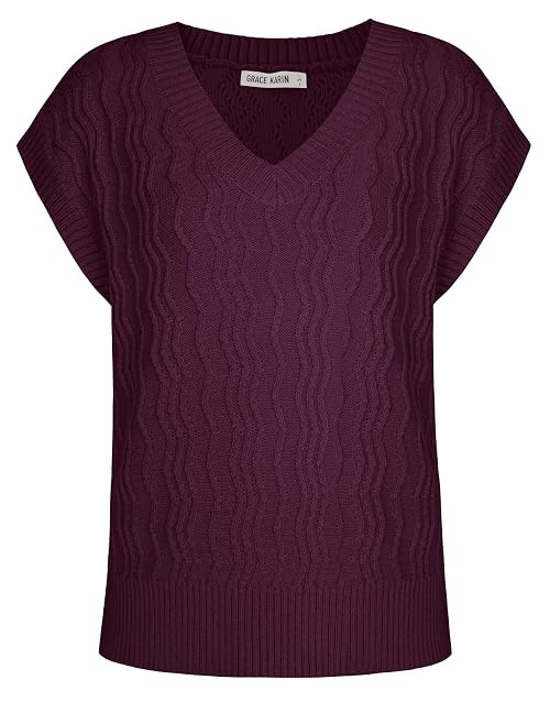 Women's Knitted Sweater Vest Plain V-Neck Elegant Vest Work Outfits Top Deep Purple S