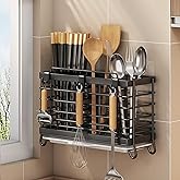 RAKSONIC Utensil Holder, Dish Drainer for Kitchen Counter,3 Compartments Stainless Steel Utensil Drying Rack,Kitchen Utensils Holder with Towel Bar,Own Drain Tray(Black)