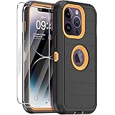 Annymall for iPhone 14 Pro Max Case with 2 Screen Protector,Full Body Shockproof Drop Protection Dust Proof Heavy Duty 3-Layer Military Rugged Durable Cover for Apple iPhone 14 Pro Max(Black/Oranger)