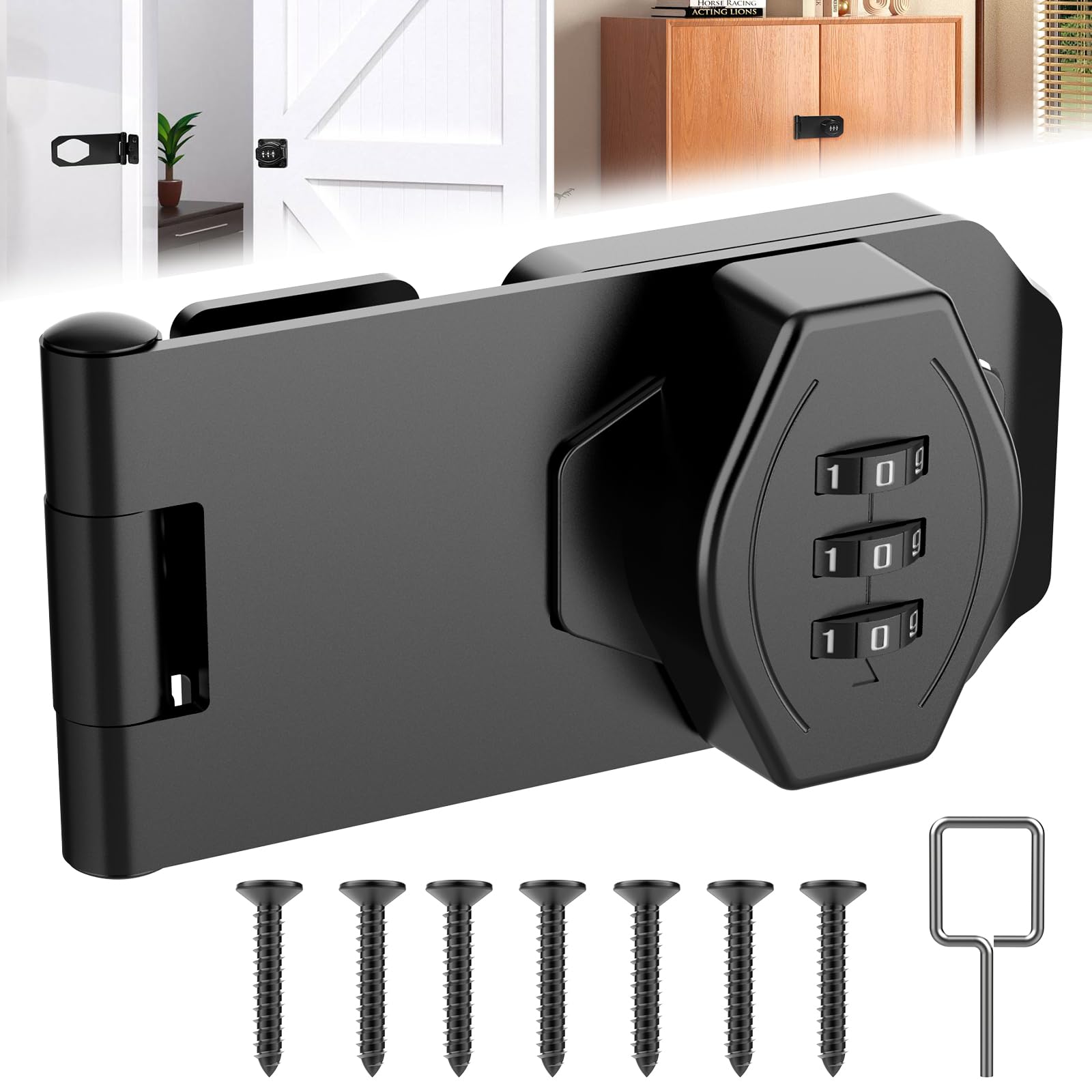 4 Inch Cabinet Password Lock - Combination Hasp Lock with Rotary Bolt, Secure Shed Door Lock for Garden, Barn, Garage, Bathroom & Outdoor Security (Black)