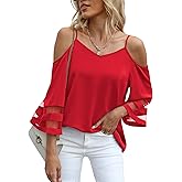 Jouica Womens Summer Cold Shoulder Tops Mesh Panel 3/4 Bell Sleeve Tees Adjustable Spaghetti Strap Loose Fit Shirts