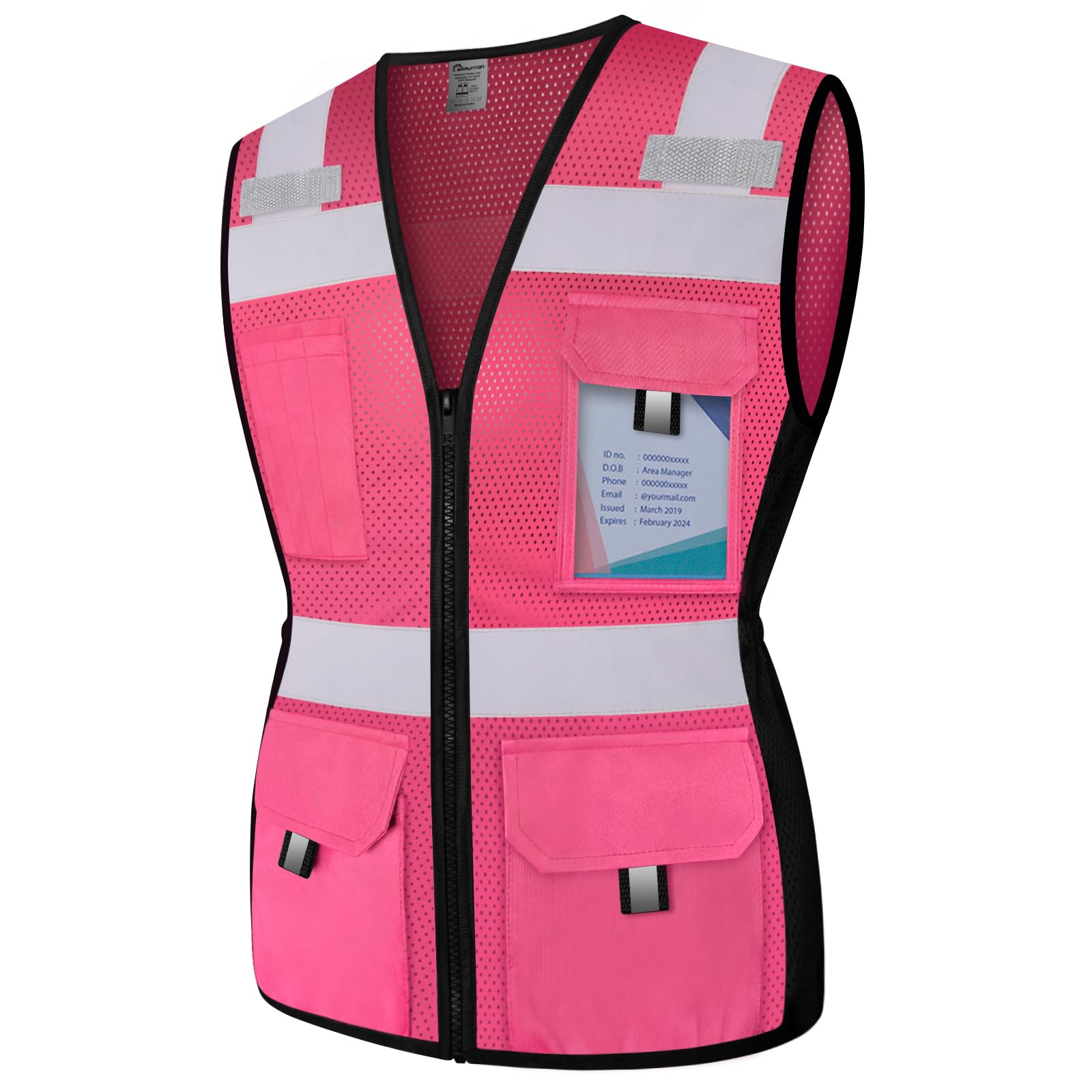 Graunton Hi Vis Vest for Women 11 Pockets Mesh Reflective Safety Vest with Zipper, High Visibility Neon Construction Work Vest for Lady Surveyor/Warehouse, Snug-Fit, Durable, ANSI Compliant,Pink XS.