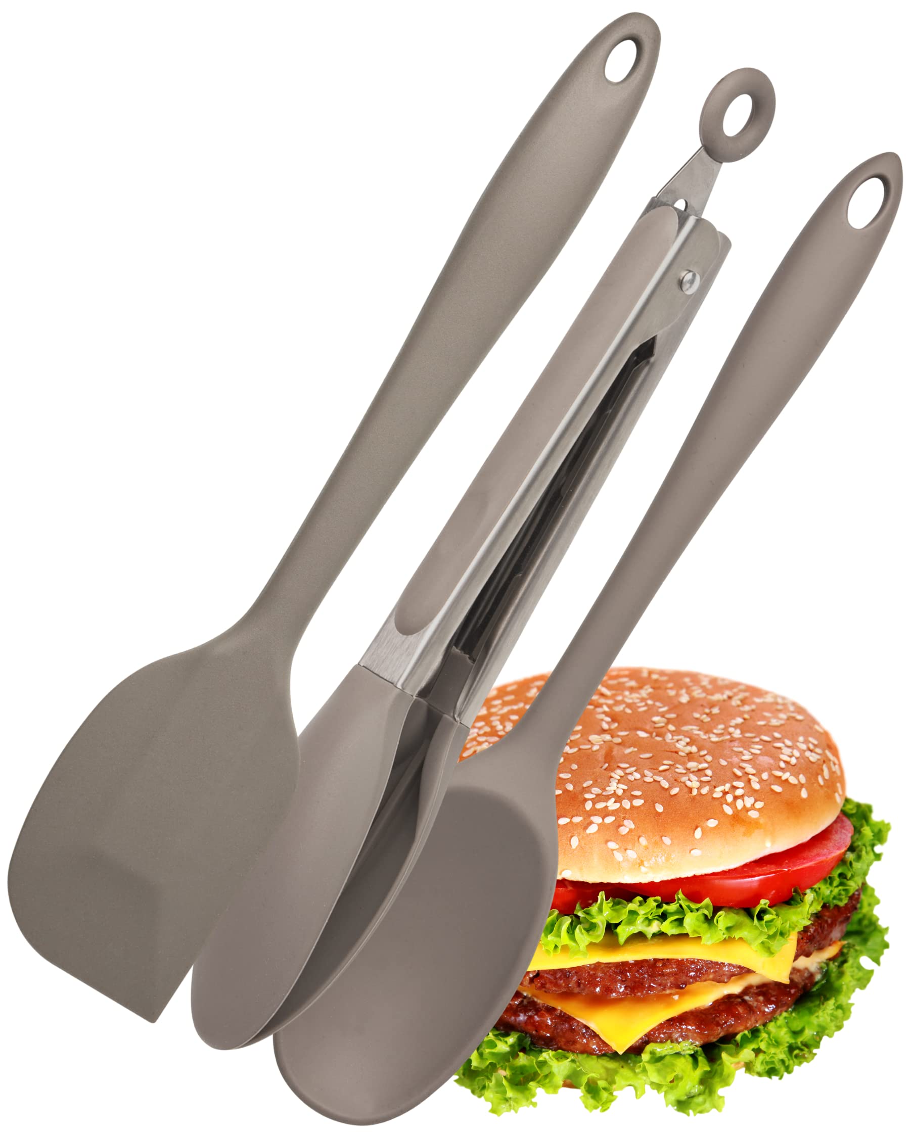 Taylors Eye Witness Grey Silicone Spoon, Spatula and Tongs Set - Dishwasher Safe. Sturdy Build, Non-Scratch Heads. Handy Utensil Kitchen Tool Trio. Odour, Stain & Heat Resistant. 5 Year Guarantee.