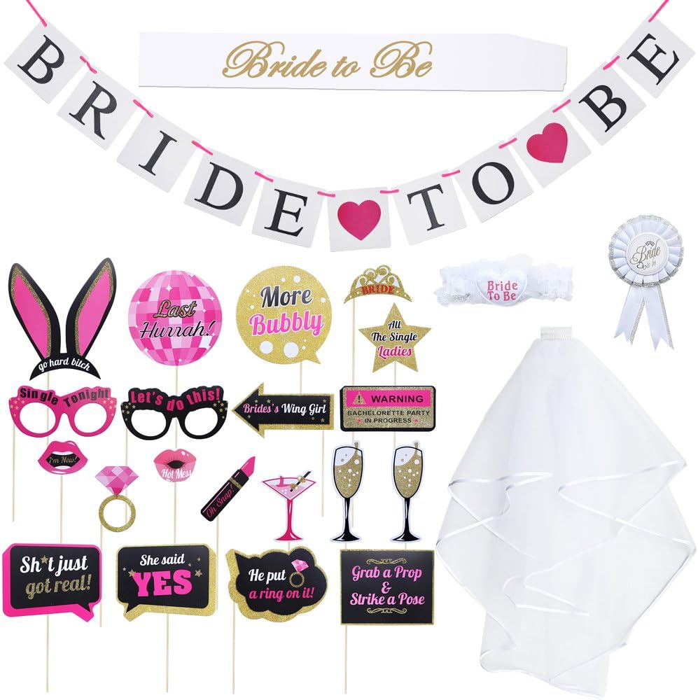 Dreamtop 25 Packs Bachelorette Party Decorations Set Bride Veil With Comb Bride To Be Satin Sash Rosette Badge Bride to be Bnner Photo Booth Props for Hen Night Party Decorations