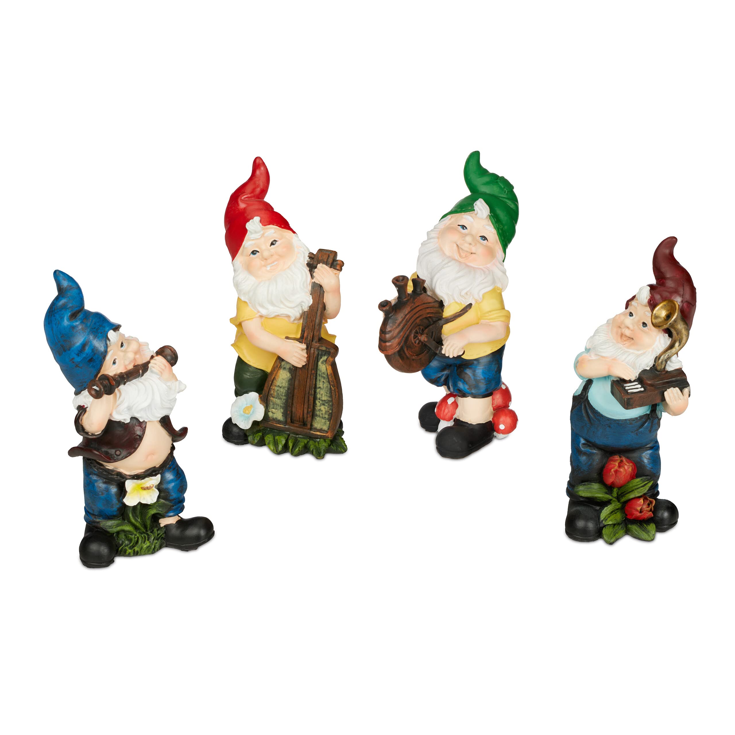 Relaxdays Set of 4 Garden Gnomes, Musicians with Instruments, Fost Resistant, Outdoor Figurine, Polyresin, Multicoloured