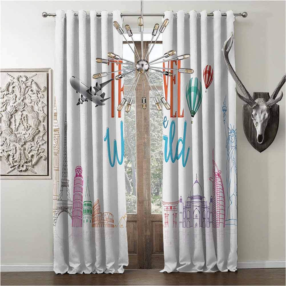pattern Design Shade curtains , Quote, curtain for sitting-room, Travel The World Lettering with Around World Landmarks Balloons Work of Art Image, W108 x L108 Inch, Multicolor, grommets sunshade,