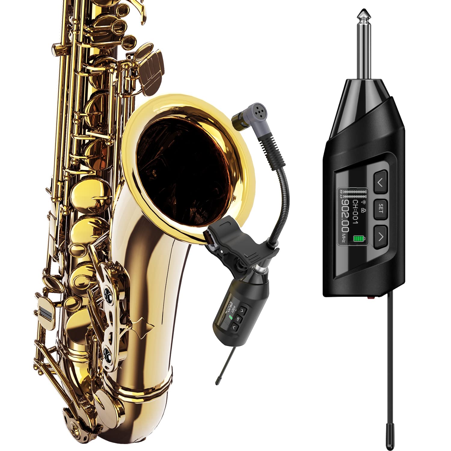 SGPRO Wireless Saxophone and Brass Instrument Microphone System – Clip-On Mic with Preset EQ & Echo, 196 ft Transmission, Rechargeable Transmitter & Receiver, 4.5 Hours Battery Life