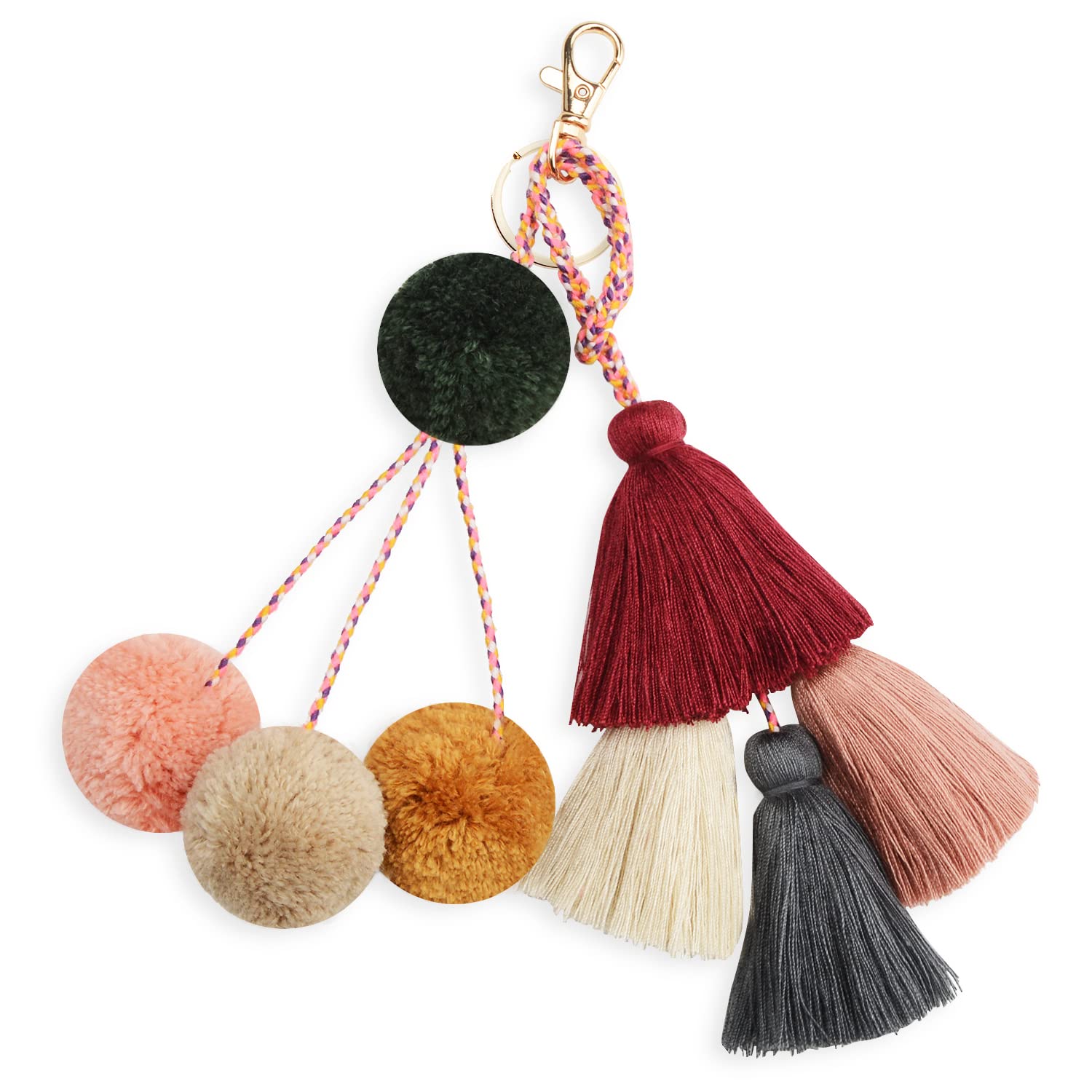 Portachiavi Con Nappe E Pom Pom Boho - Ciondolo Multiuso Colorato Per Borsa E Accessori Donna - 4