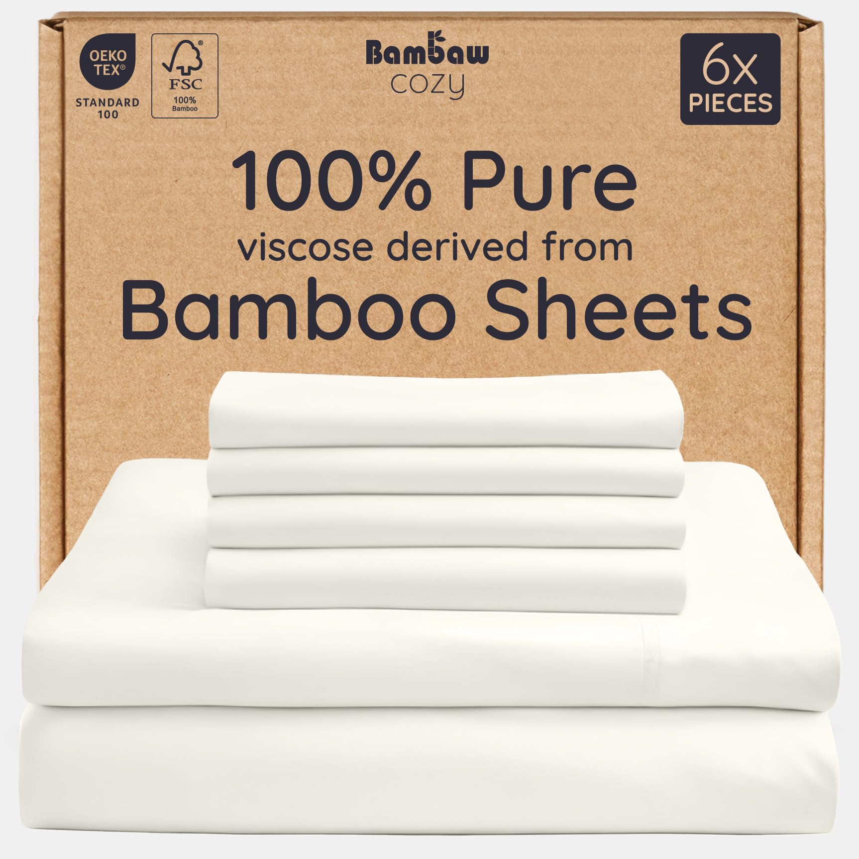 Photo 1 of Bambaw King Sheet Set 6pcs – 100% Viscose Derived from Bamboo Sheets King Deep Pocket, Fits Up to 16'' with Elastic Corner Straps, King Cooling Sheets, Hotel Luxury Bed Sheets Set (Ivory)