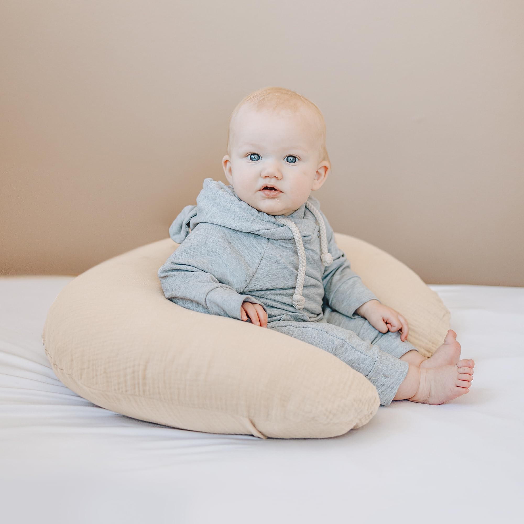 Konssy Muslin Nursing Pillow Covers, Soft and Cute Nursing Covers for Breastfeeding Pillows, Ideal for Newborn Baby Boys and Girls (Fog Green, Cream) - 2 Pack