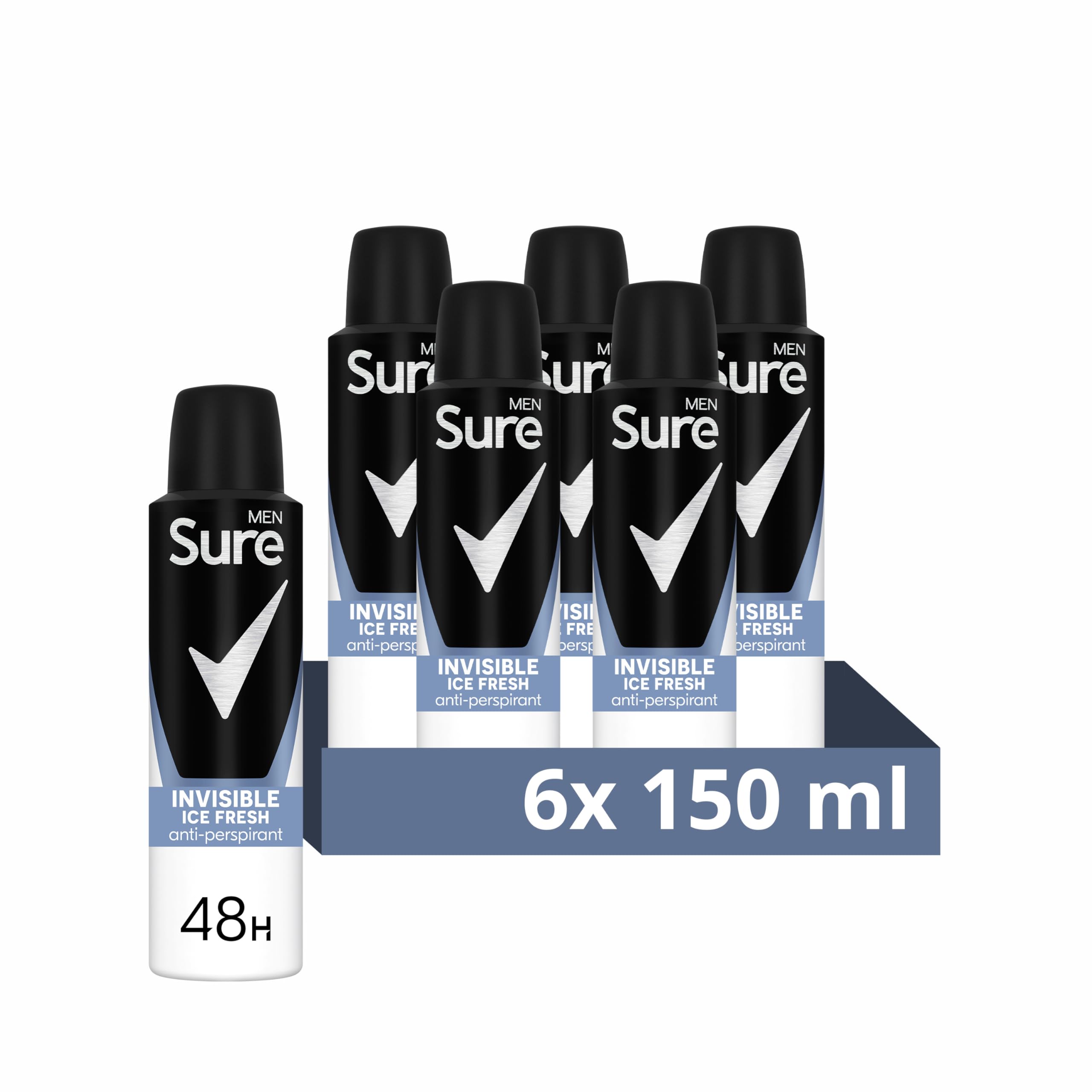 Sure Men Invisible Ice Fresh Anti-Perspirant Aerosol Men's Deodorant that protects against white marks and yellow stains for 48 hour protection against sweat and odour 6x 150 ml