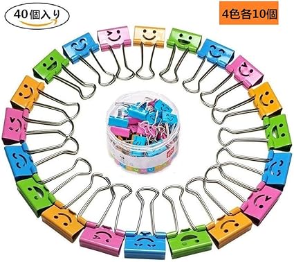 Amazon 19mm ダブルクリップ かわいい 万能クリップ バインダークリップ 本とチケット挟み 笑顔デザイン 40個入り クリップ リング 文房具 オフィス用品