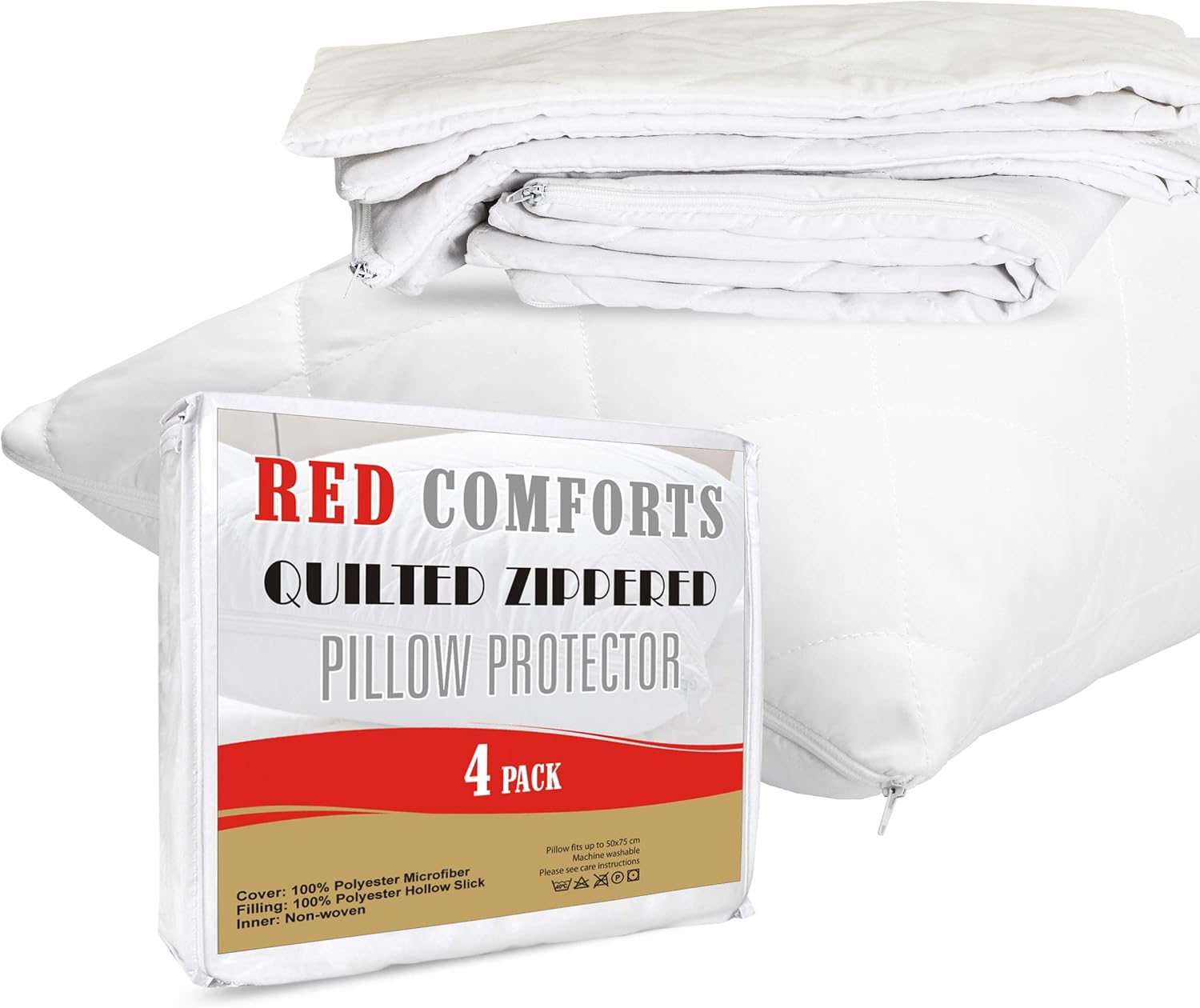 RED COMFORTS Pillow Protector 4 Pack Quilted Microfiber Covers - Ultra Soft and Breathable Zippered Enclosure 50x75cm – White