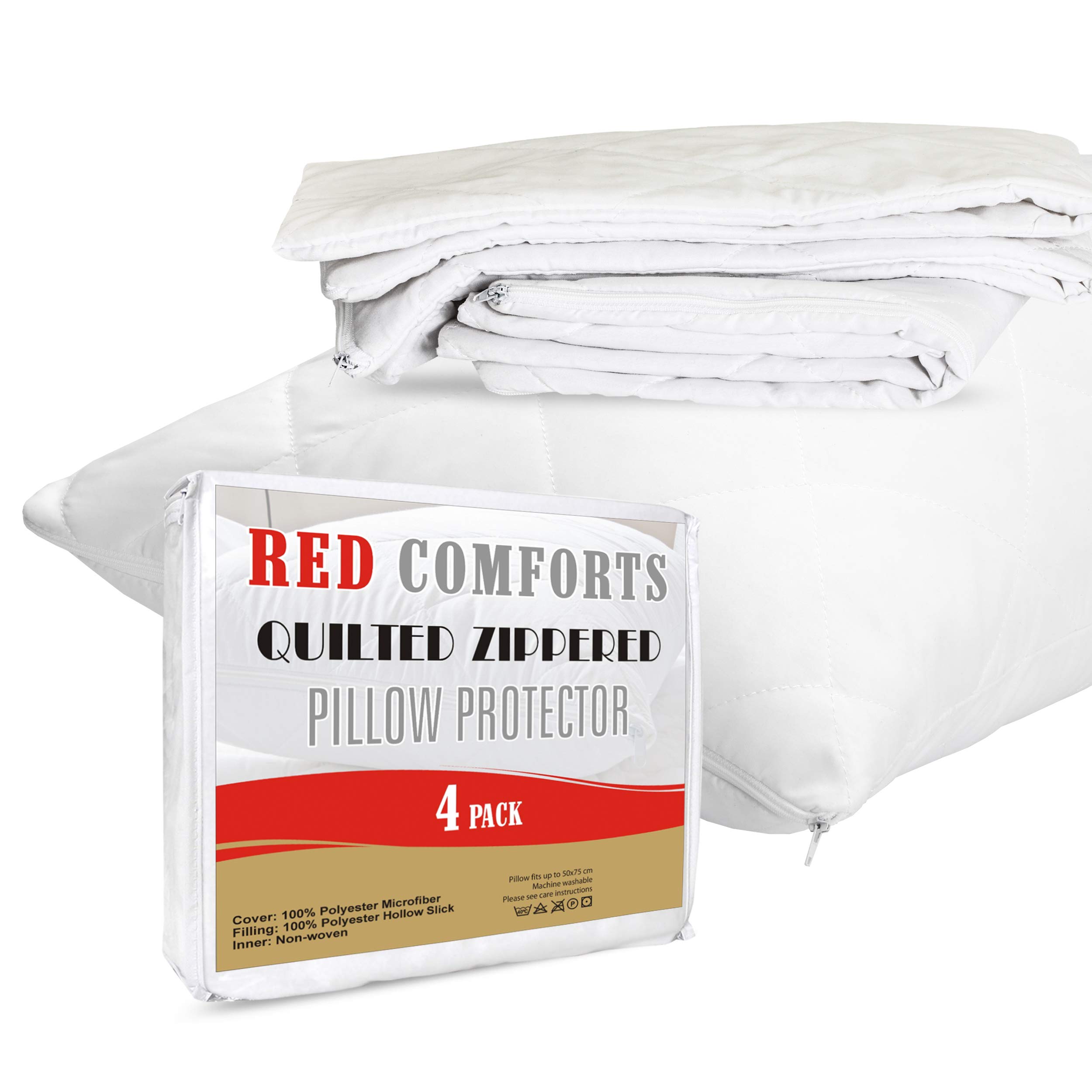 RED COMFORTS Pillow Protector 4 Pack Quilted Microfiber Covers - Ultra Soft and Breathable Zippered Enclosure 50x75cm - White