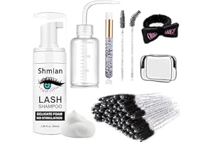 Shmian 60ml Lash Shampoo - Lash Cleaning Shampoo Kits, Shampoo for Lash Extension & Home Salon Care, 50Pcs Mascara Brushes+ Nose Brush+Rinse Wash Bottle+Spa HeadWand, Lash Mousse for Eyelash Cleansing