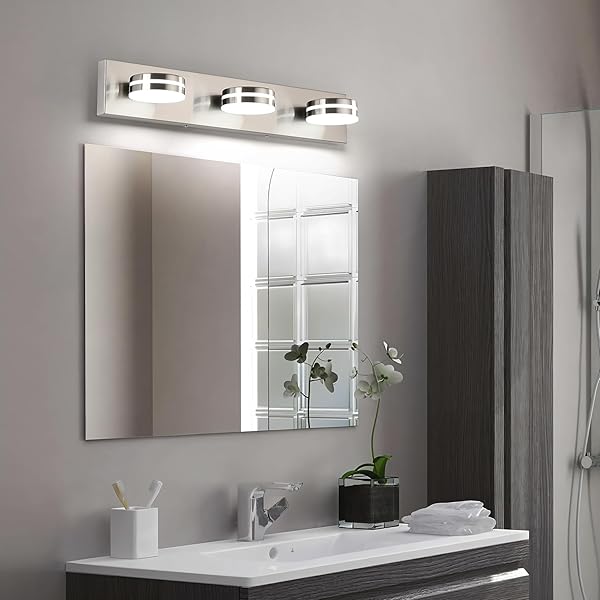 BICRINK BRUSHED NICKEL BATHROOM VANITY LIGHT, (24IN DIMMABLE) 3-LIGHT BATHROOM LIGHT FIXTURES OVER MIRROR, LED 5500K VANITY LIGHTS WITH 360°ROTATING LAMP HEAD