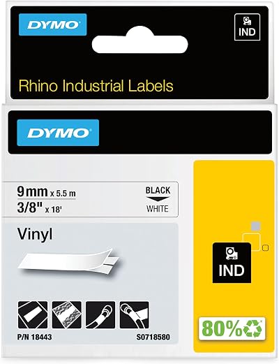 Dymo Rhino Industrial Vinyl Labels 9 mm x 5.5 m Black on White Self-Adhesive